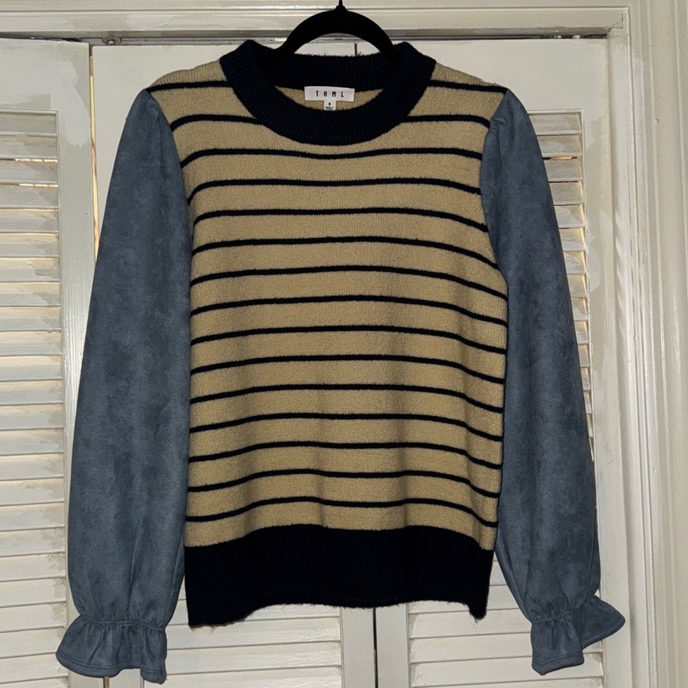 THML Striped Crewneck Sweater with Suede Puff Sleeves